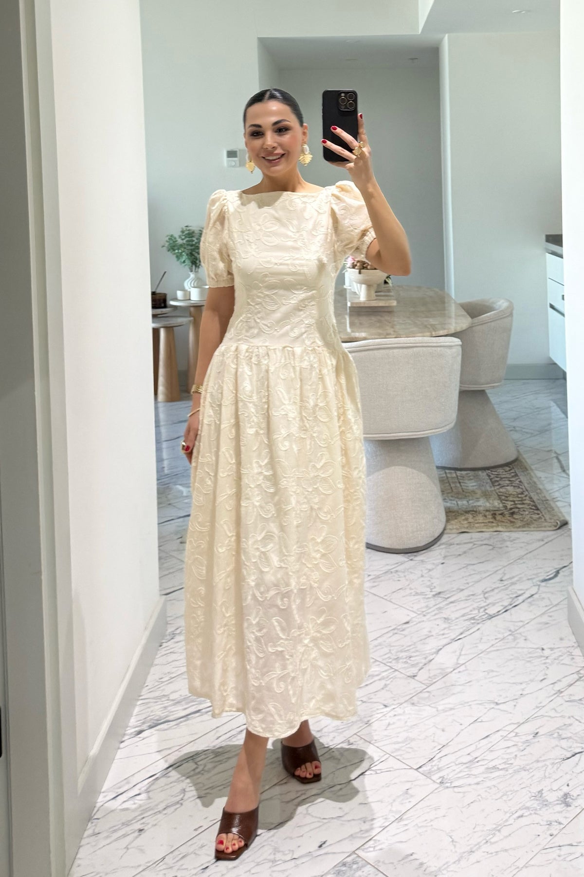 Brode Krem Midi Santorini  Elbise SY-3660-Krem