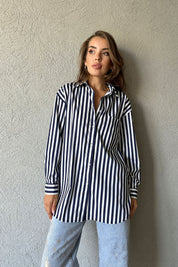Lacivert Çizgili Oversize Cep Detaylı Gömlek SY-0969-Lacivert
