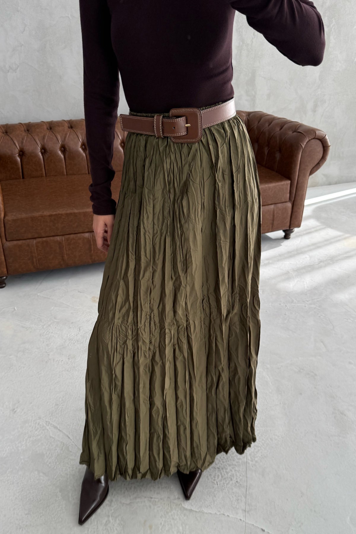 Haki Kırışık Görünümlü Uzun Etek SY-3464-Haki