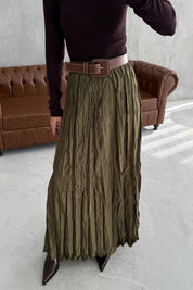 Haki Kırışık Görünümlü Uzun Etek SY-3464-Haki