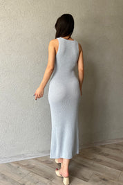 Mavi V Yaka Gül Detaylı Örme Elbise SY-2208-Mavi