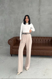 Bej Çift Kemerli Premium Palazzo Pantolon SY-3471-Bej