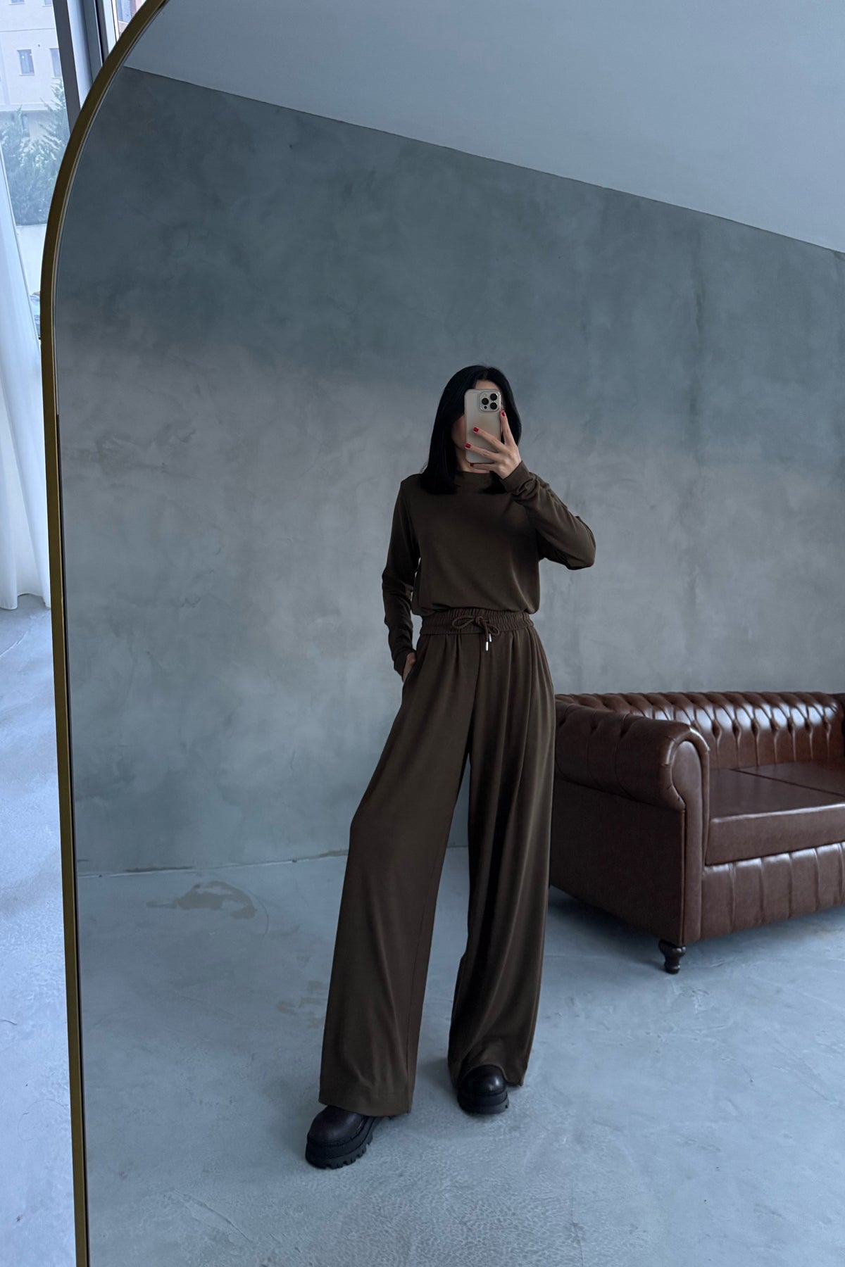 Kahverengi Rahat Kesim Pile Detaylı Eşofman Alt Ve üst Takım SY-3435-Kahverengi