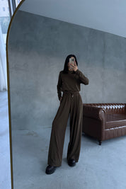 Kahverengi Rahat Kesim Pile Detaylı Eşofman Alt Ve üst Takım SY-3435-Kahverengi