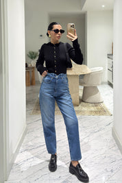 Mavi Bel Detaylı Mom Jeans SY-3529-Mavi