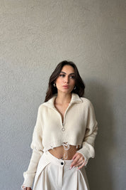 Ekru Yarım Fermuarlı Crop Triko Kazak SY-1547-Ekru