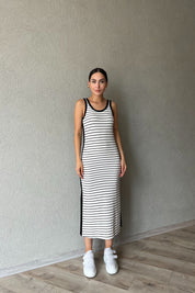 Beyaz Siyah Çizgili L Muadili Kadın Straight Fit Siyah Elbise SY-2258-Beyaz Siyah Çizgili