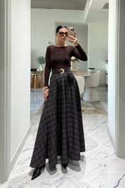 Ekose Desenli Yırtmaç Detaylı Acı Kahve Çizgili Kloş Etek SY-3494-Acı kahve