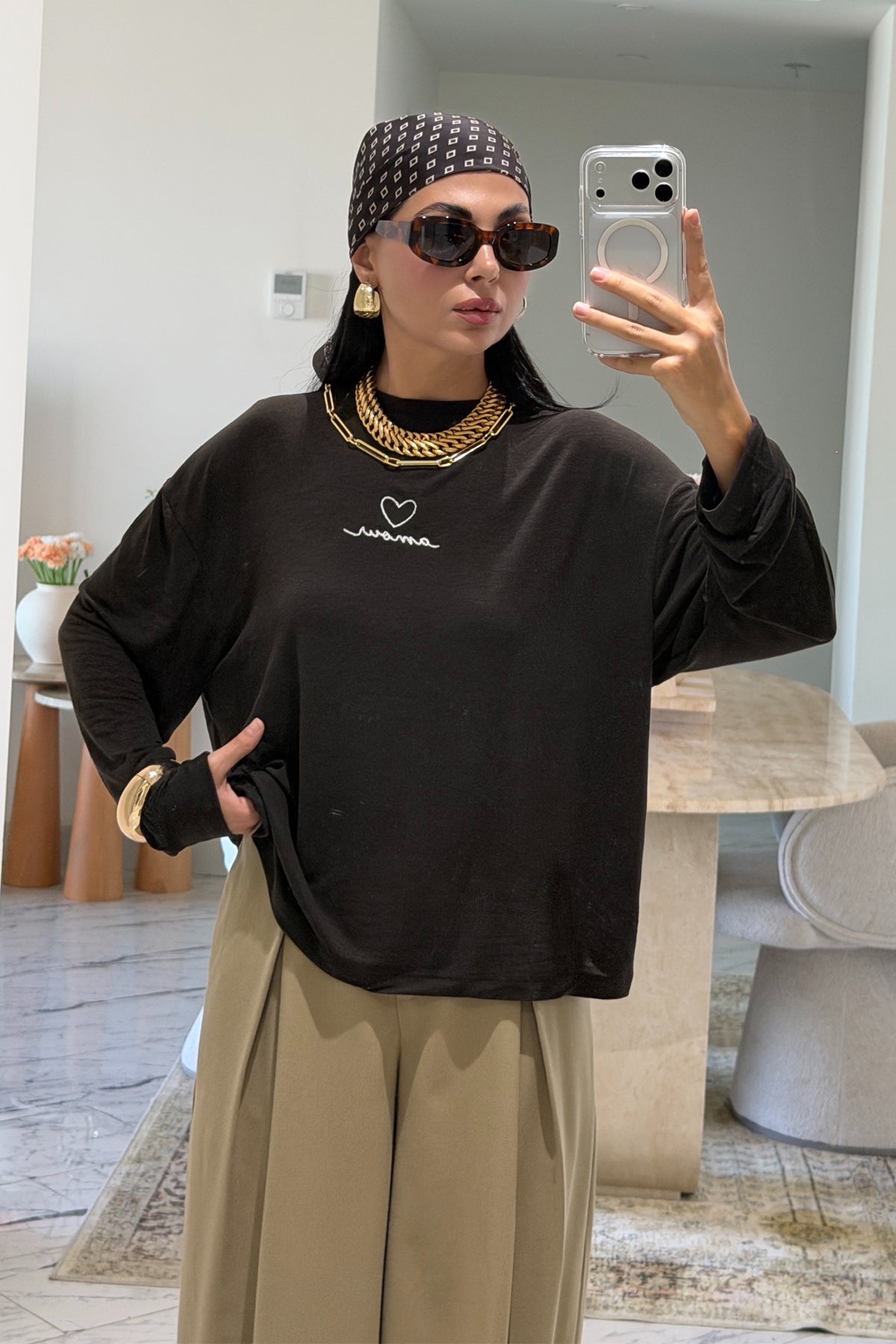 Kahverengi Amour Baskılı Oversize Uzun Kollu Tişört SY-3829-Kahverengi