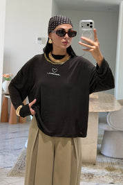 Kahverengi Amour Baskılı Oversize Uzun Kollu Tişört SY-3829-Kahverengi