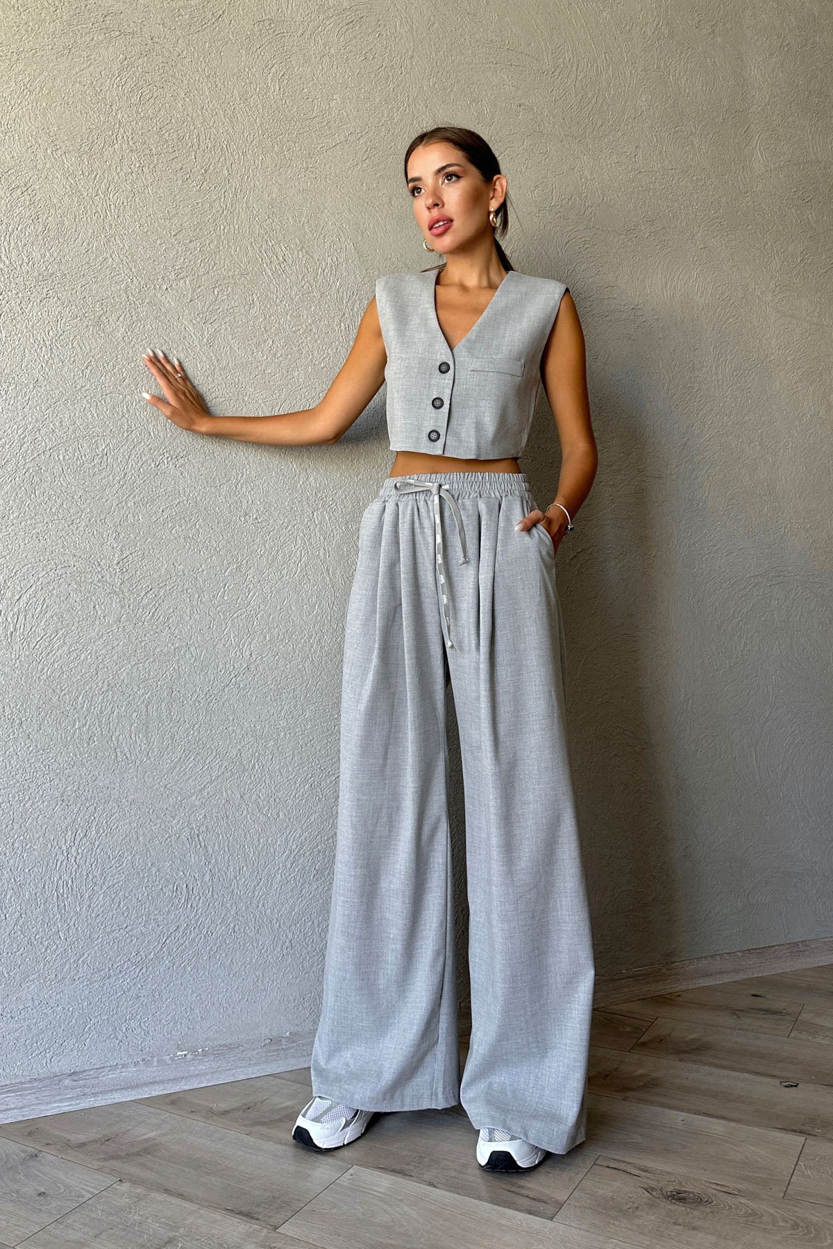 Gri Süs Cepli Yelek ve Beli Lastikli Pantolon Takım SY-0937-Gri