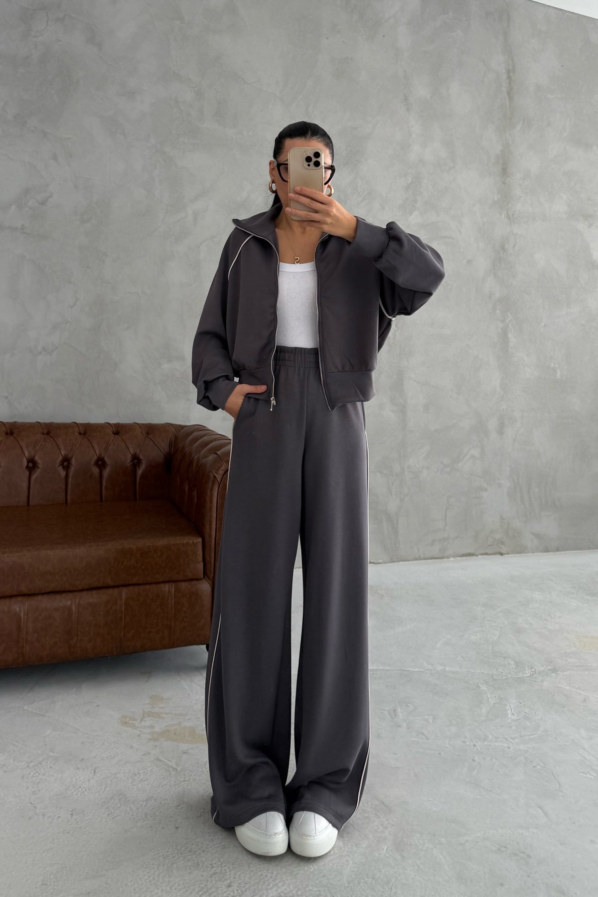 Bol Paça Fermuarlı Modal Eşofman Takım- Füme SY-3422-Füme