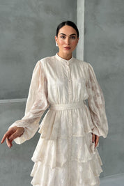 Bej Valonlu Çiçek Desenli Şerit Detaylı Kat Kat Elbise SY-1747-Bejc