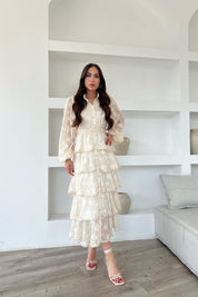 Bej Valonlu Şerit Detaylı Kat Kat Kuşaksız Elbise SY-2963-Bej