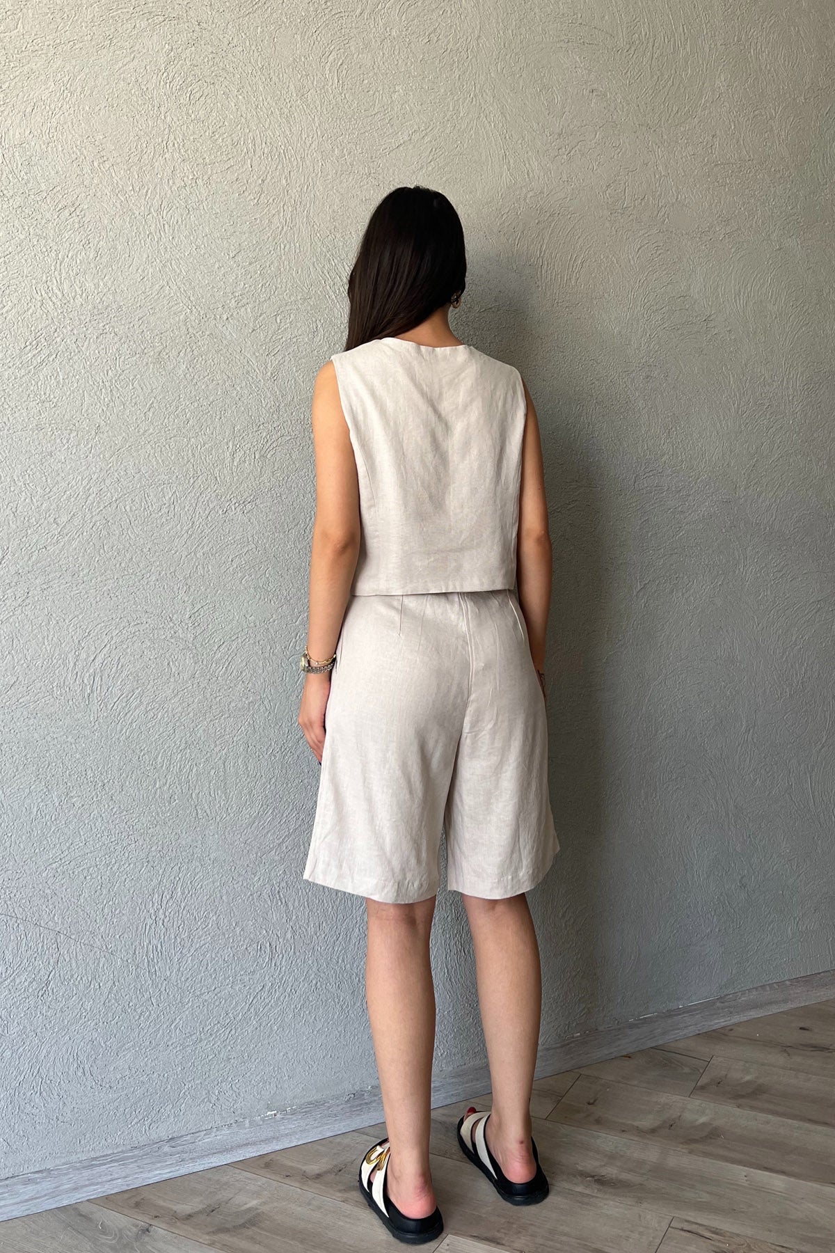 Taş Pile Detaylı Keten Şort SY-2095-Taş