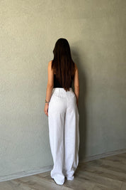 Beyaz Ham Keten Bol Paça Palazzo Pantolon SY-2238-Beyaz