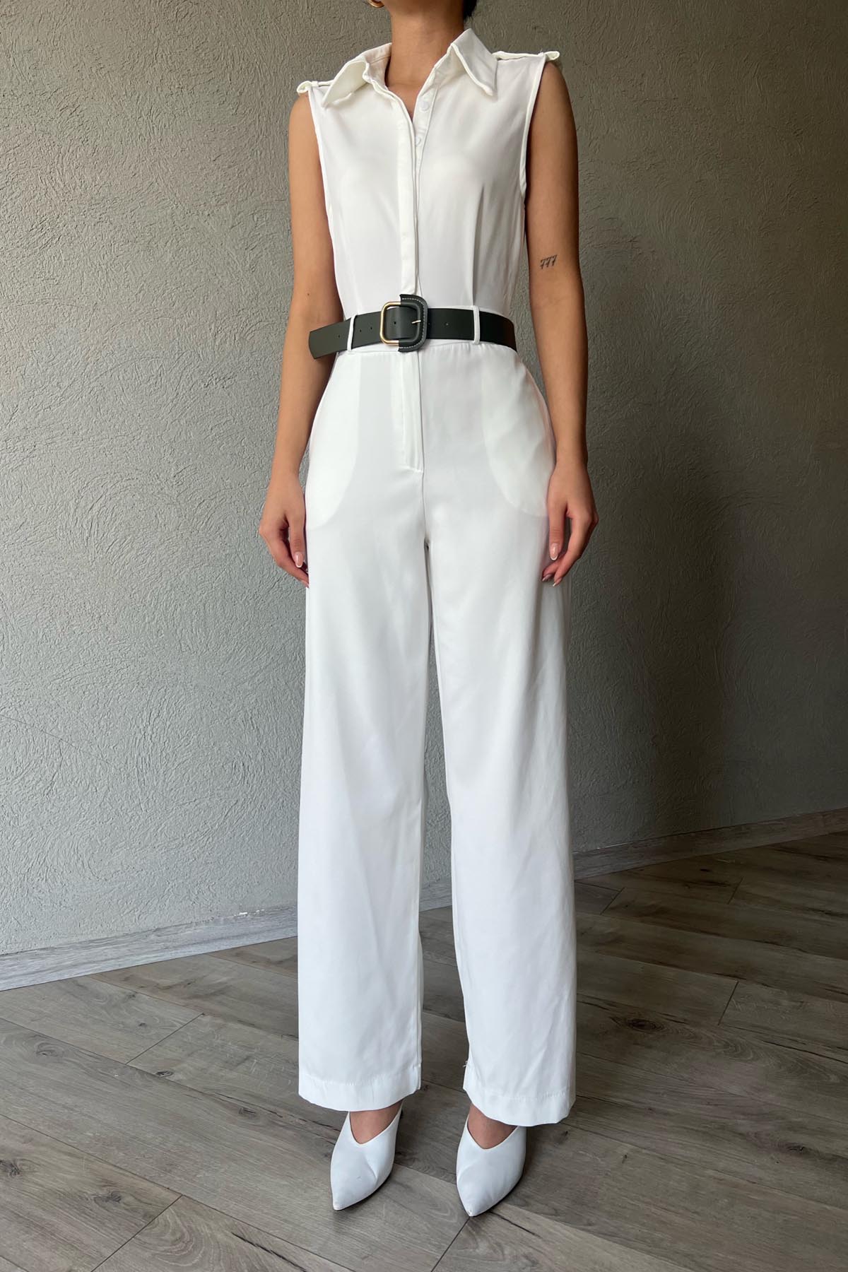 Ekru Kemer Detaylı Tulum SY-1974-Ekru