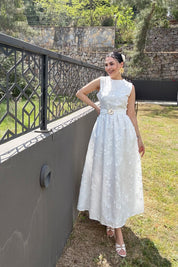 Santorini Çiçek Desenli Midi Elbise-Beyaz SY-3661-Beyaz