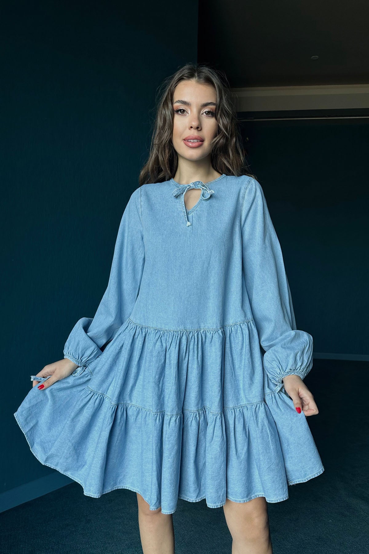 Buz Mavisi Bağcık Detaylı Denim Elbise SY-0335-Buz Mavisi