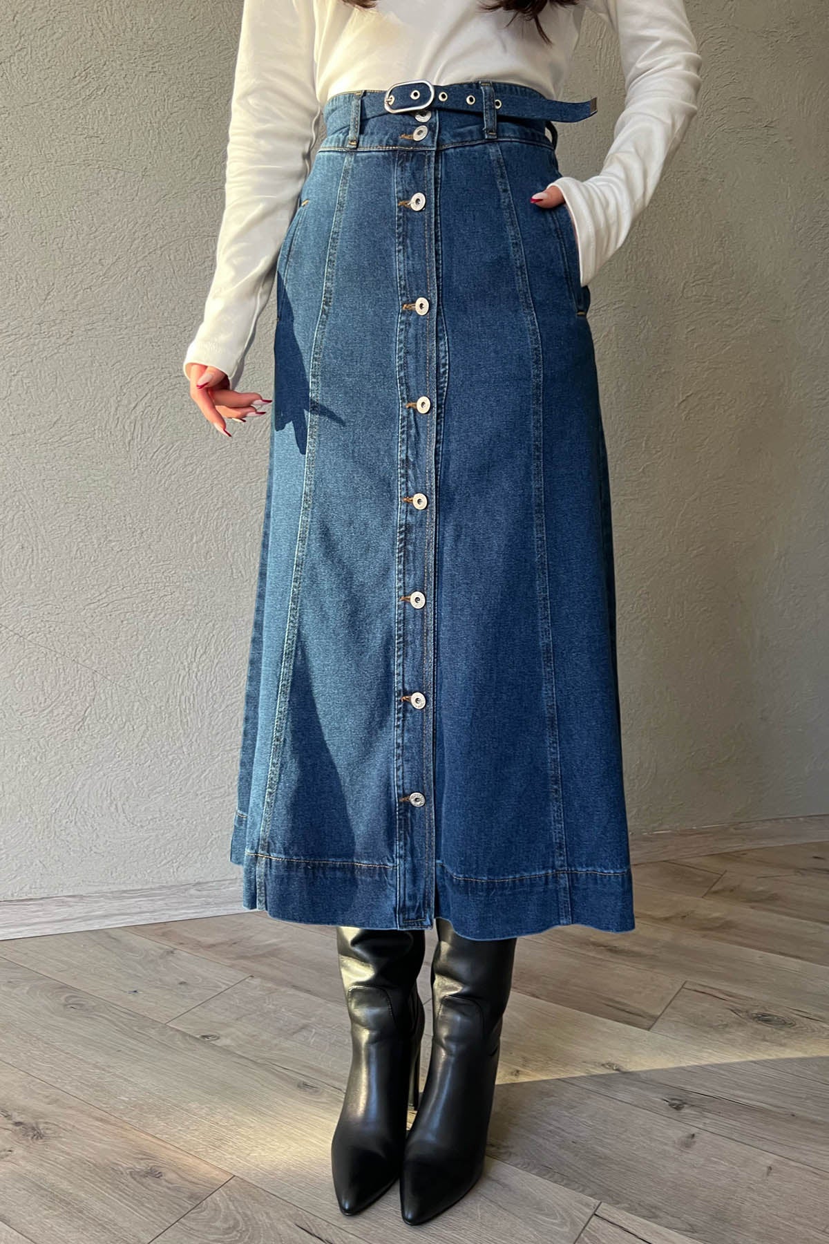 Koyu Lacivert Önü Düğme Detay Kemerli Denim Etek SY-1573-Koyu Lacivert
