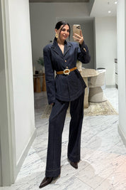 Kadın Kemerli Fit Denim Ceket ve Pantolon Takım SY-3534-Lacivert