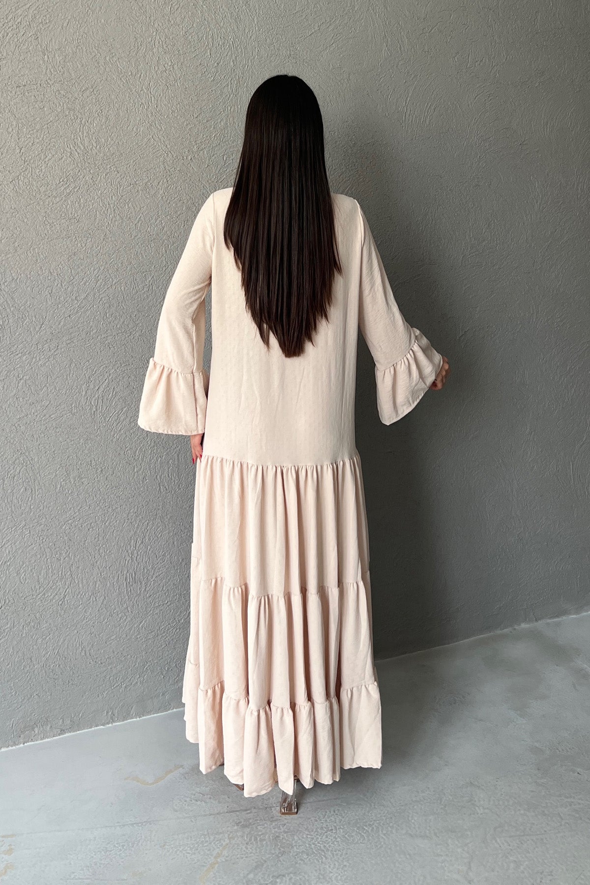 Hakim Yaka Düğmeli Uzun Dokuma Bej Elbise SY-3034-Bej