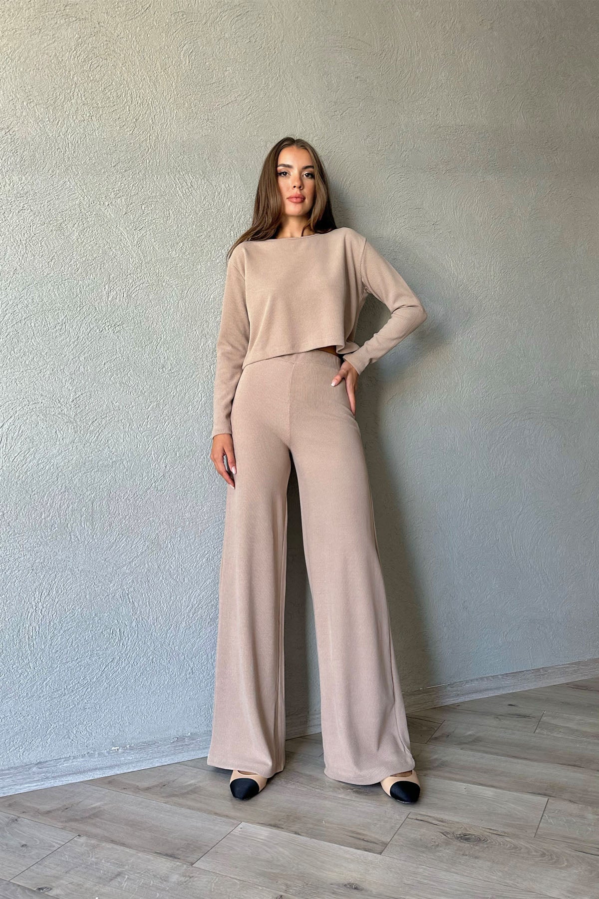 Camel Fitilli Beli Lastikli Pantolon Ve Bluz Takım SY-1076-Camel