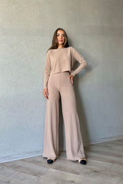 Camel Fitilli Beli Lastikli Pantolon Ve Bluz Takım SY-1076-Camel