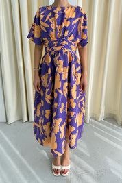 Turuncu Desenli Prenses Kalıp Midi Elbise SY-3294-Turuncu