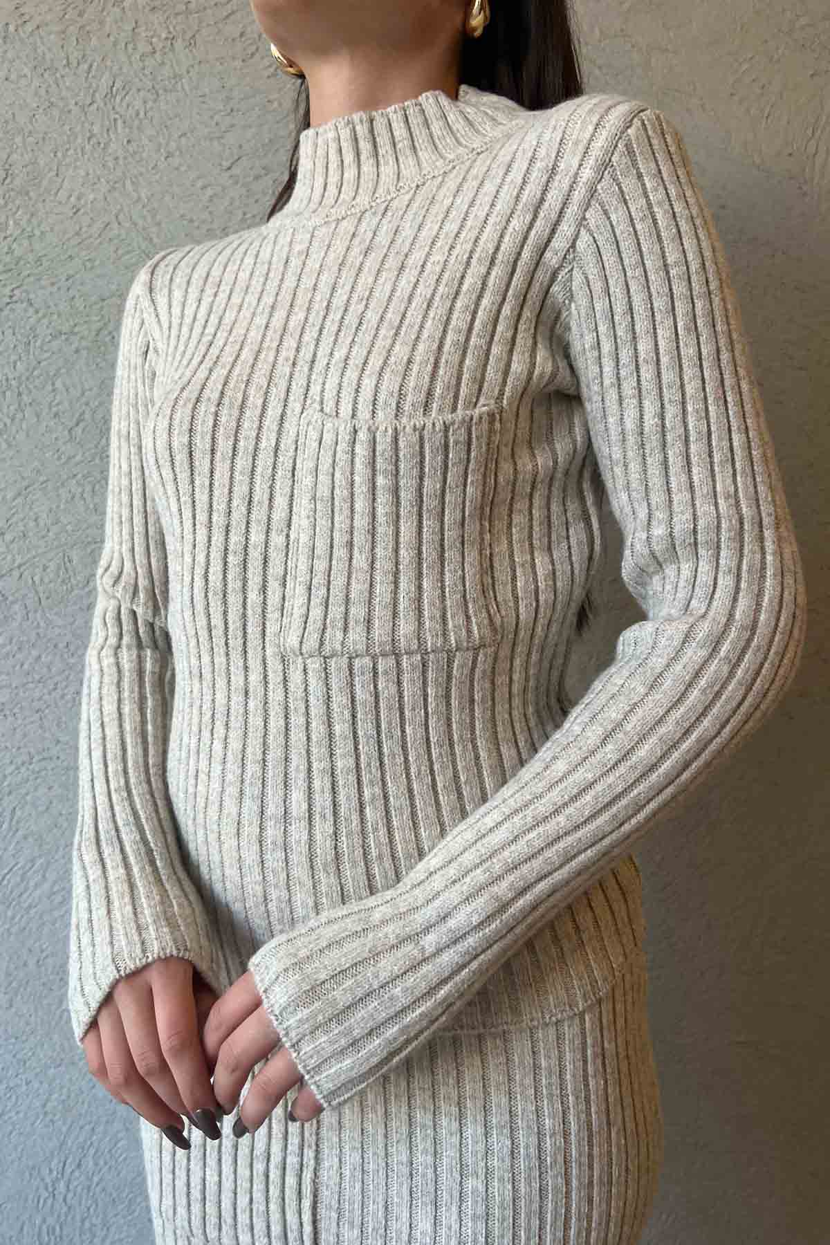 Bej Yarım Balıkçı Yaka Kazak ve Etek Triko Takım SY-1497-Bej