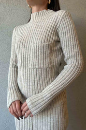 Bej Yarım Balıkçı Yaka Kazak ve Etek Triko Takım SY-1497-Bej