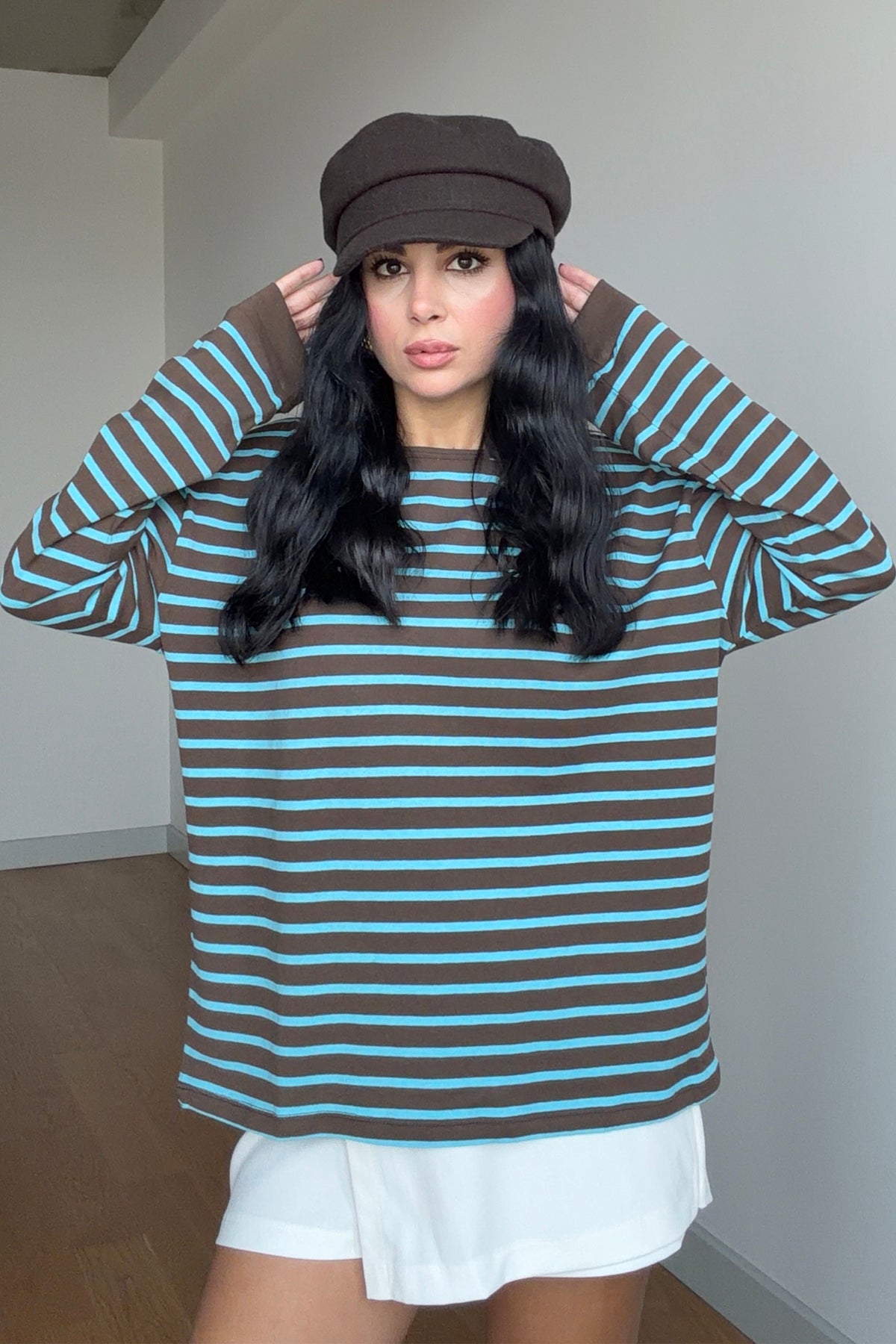 Kahve Çizgili Uzun Kollu Oversize Tişört SY-3883-Kahve