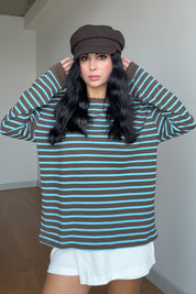 Kahve Çizgili Uzun Kollu Oversize Tişört SY-3883-Kahve