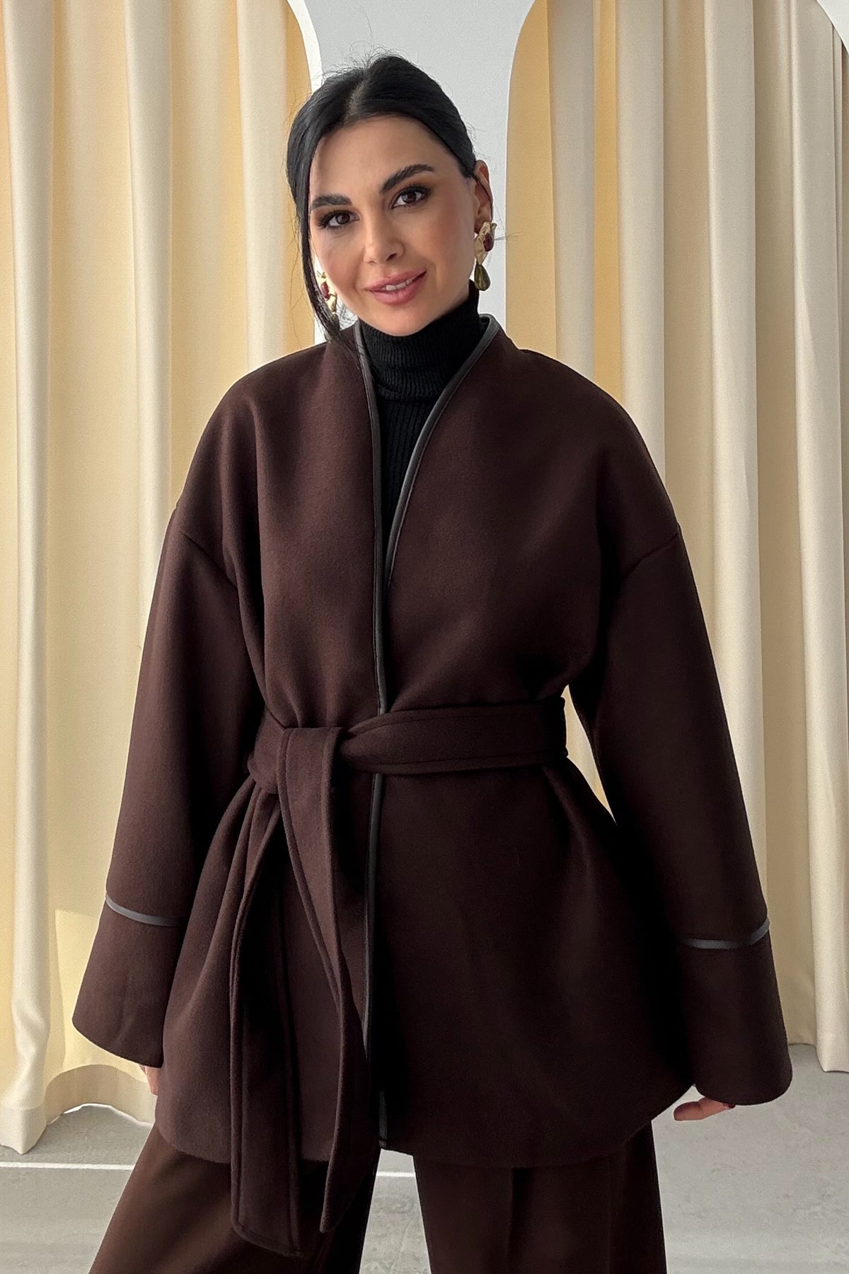 Kahve Deri Biyeli Kemerli Palto Ceket SY-3484-Kahve