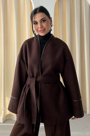 Kahve Deri Biyeli Kemerli Palto Ceket SY-3484-Kahve