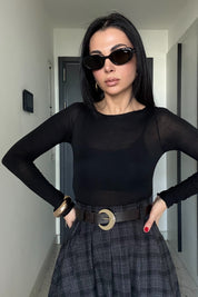 Kayık Yaka Kaşmir Siyah Transparan Body SY-3425-Siyah