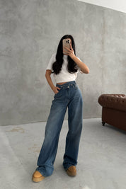 Mavi Asimetrik Düğmeli Kot Baggy Pantolon SY-3463-Mavi