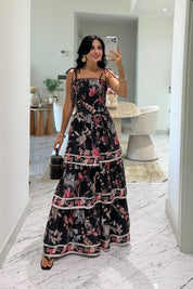 Siyah Floral Desenli Kat Kat Elbise SY-3822-Sİyah