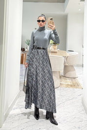 Gri Kare Detaylı Kemerli Etek SY-3573-Gri