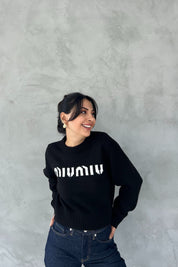 Siyah Morris Yazı Baskılı Crop Kazak SY-2464-Siyah