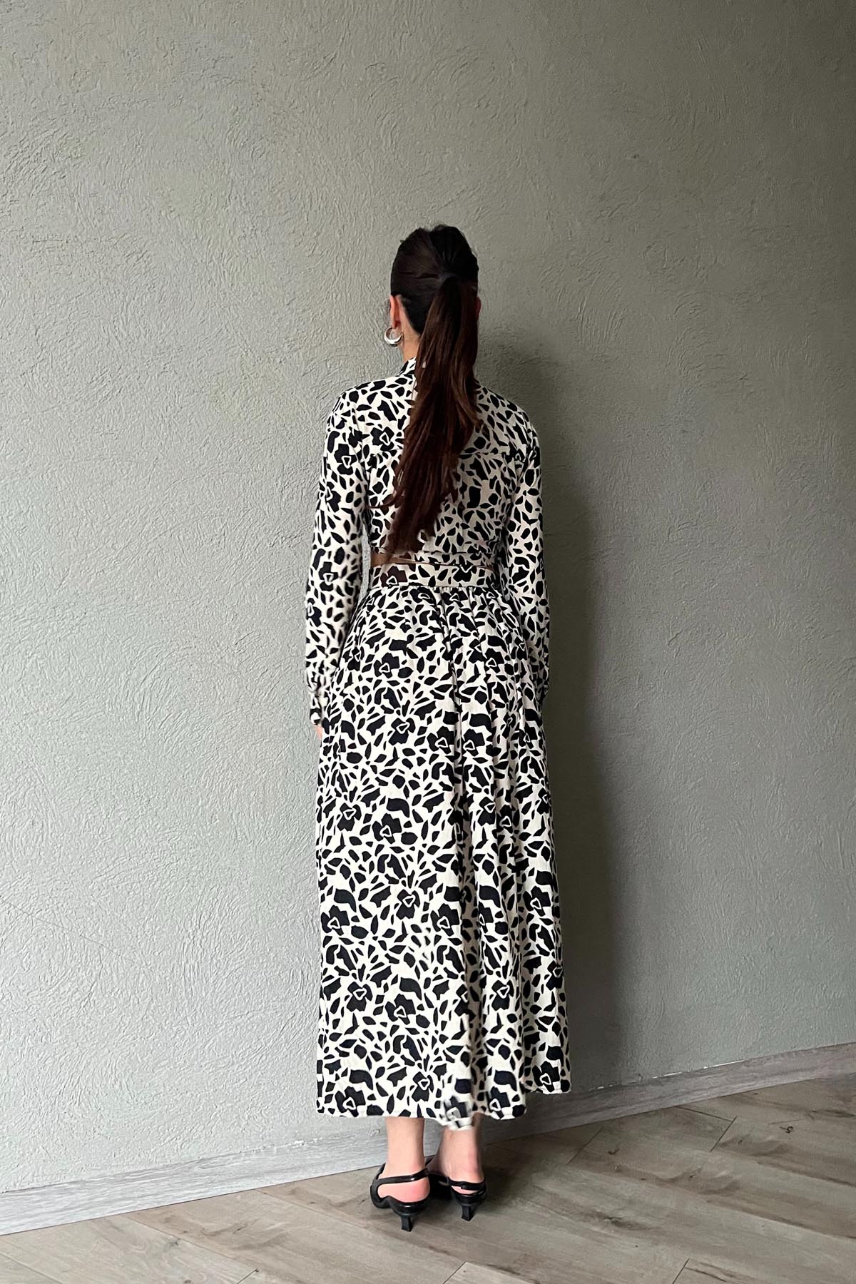 Ekru Siyah Desenli Gömlek Etek Takım SY-1751-Ekru