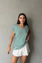 Yeşil Çizgili V Yaka Basic T-shirt SY-0250-Yeşil
