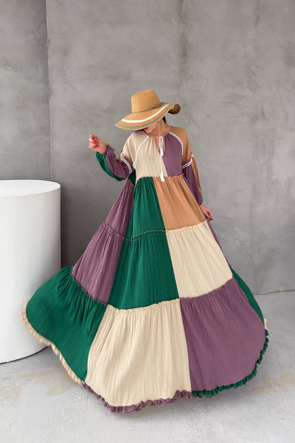 Blok Renkli Garnili Gofre Elbise SY-3044-Blok