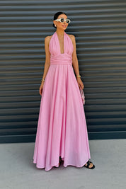 Pembe Puglia Tasarım Sırt Detaylı Keten Elbise SY-2263-Pembe