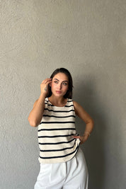 Krem Siyah Çizgili Atlet SY-2293-Krem