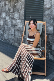 Haki Kahve Çizgili Boncuk Askılı Elbise SY-3804-Haki