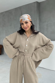 Haki Keten Polo Yaka Gömlek Pantolon Takım SY-3118-Haki