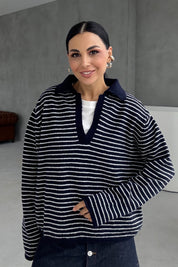 Lacivert Çizgili Polo Yaka Triko Kazak SY-3415-Lacivert