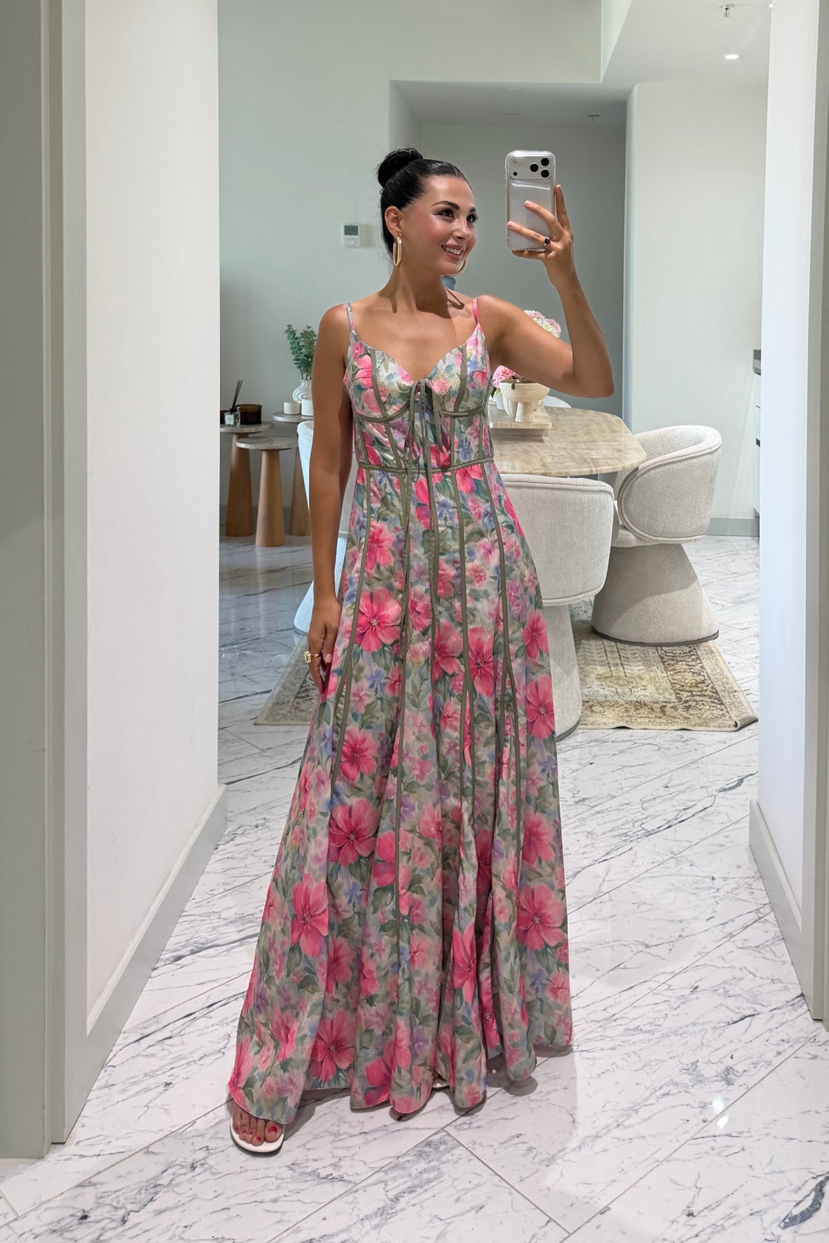 Korse Formlu Biyeli Çiçek Desenli Maxi Elbise SY-3787-Pembe