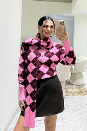 Kendinden Şallı Baklava Desenli Polo Yaka Triko SY-3563-Pembe